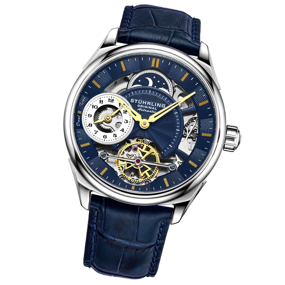Stuhrling 943A 02 Dual Time AM PM Automatic Skeleton Blue Leather Mens Watch