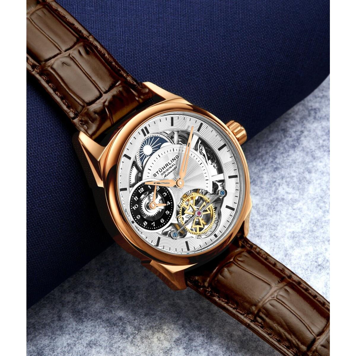 Stuhrling Men`s Skeleton Dual Time Rose Gold Plated AM PM Leather Strap Watch