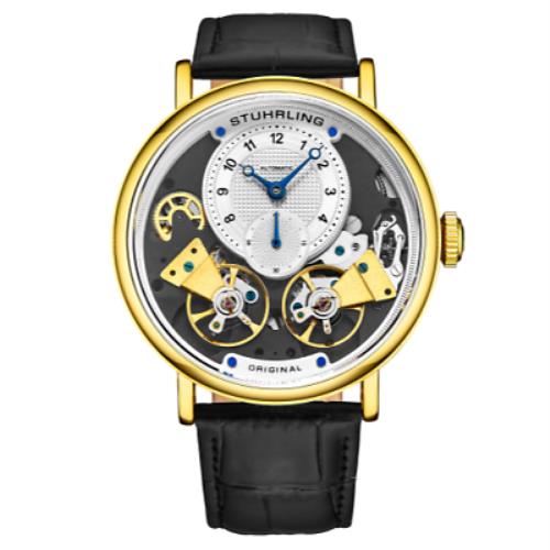 Stuhrling 3981 1 Ares Automatic Skeleton Black Leather Strap Mens Watch