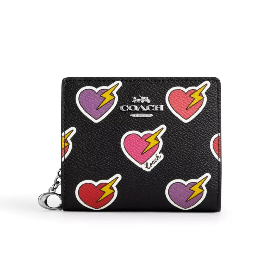 Coach CW537 Snap Wallet with Heart Bolt Print Black Multi