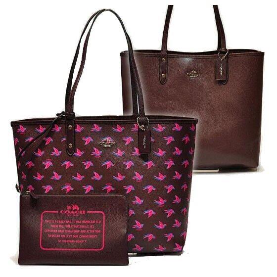 Coach Reversible City Tote Happy Bird Print Canvas + Leather + Pouch 55870