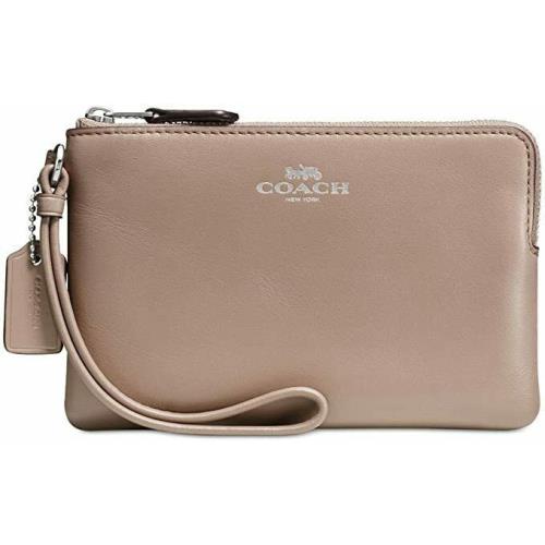 Coach Women`s Box Program Small Wristlet Silver/stone Beige Wallet Leather