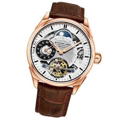 Stuhrling 943A 03 Dual Time AM PM Automatic Skeleton Brown Leather Mens Watch