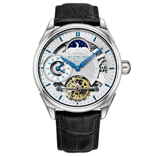 Stuhrling 943A 01 Dual Time AM PM Automatic Skeleton Black Leather Mens Watch