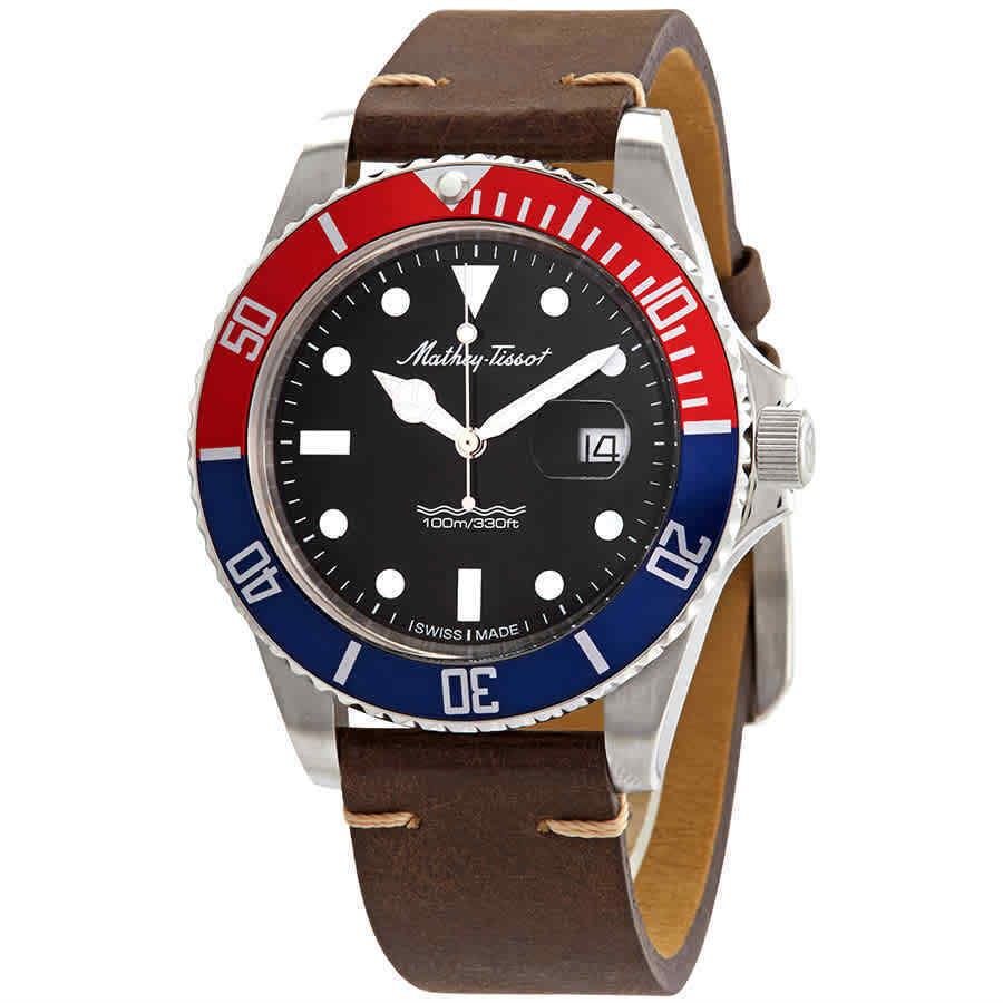 Mathey-tissot Mathey Vintage Quartz Black Dial Pepsi Bezel Men`s Watch H9010ALR - Dial: Black, Band: Brown, Bezel: Silver-tone