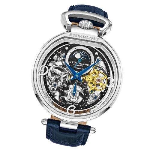 Stuhrling 3954 1 Modena Legacy Automatic Dual Time Skeleton Am/pm Mens Watch - Dial: Silver, Band: Blue