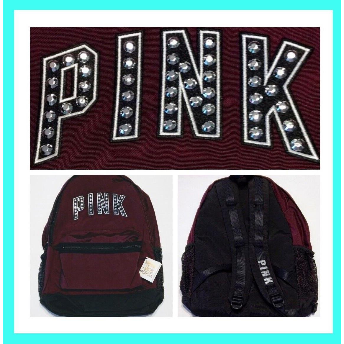 Bling Victoria Secret Pink Black Orchid Maroon Campus Backpack Book Bag Carry ON