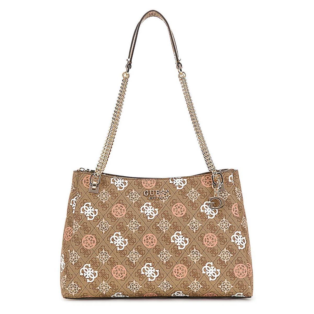Guess Leather Eliette Logo Girlfriend Carryall Shoulder Womens Bag In Lattee