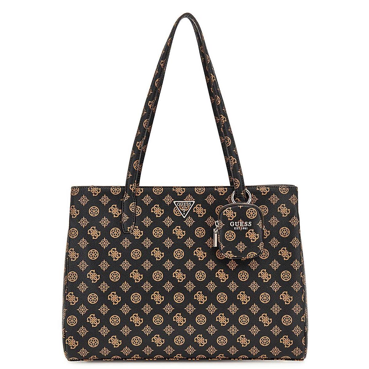 Guess Vegan Leather Power Play Tech Charm Tote Womens Bag In Moca