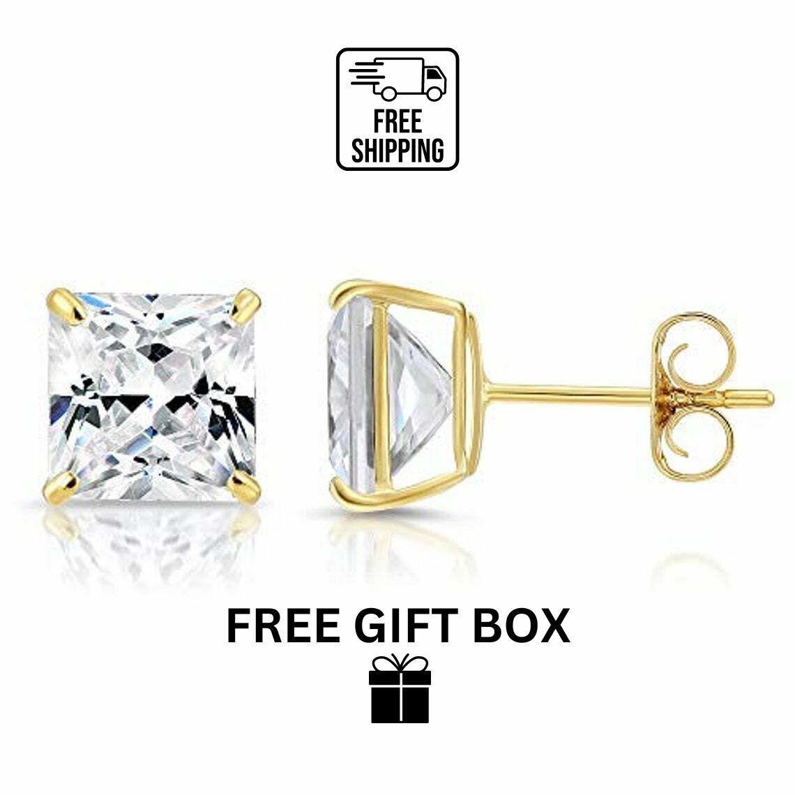 Swarovski 14k Solid Yellow/white Gold Square Clear CZ Basket Set Stud Earrings 3-10mm