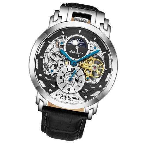 Stuhrling 906 02 Menai Automatic Skeleton Dual Time Black Leather Mens Watch