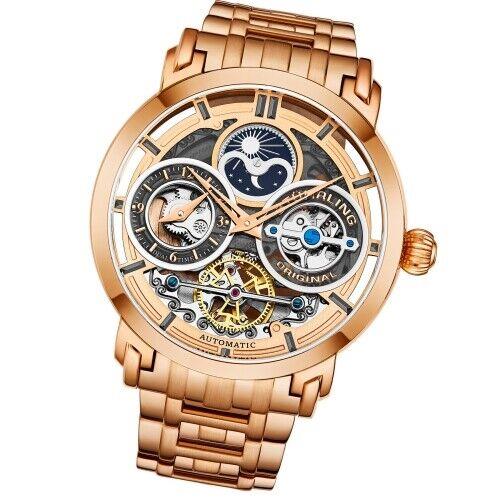 Stuhrling 371B 04 Luciano Automatic Skeleton Dual Time Am/pm Bracelet Mens Watch