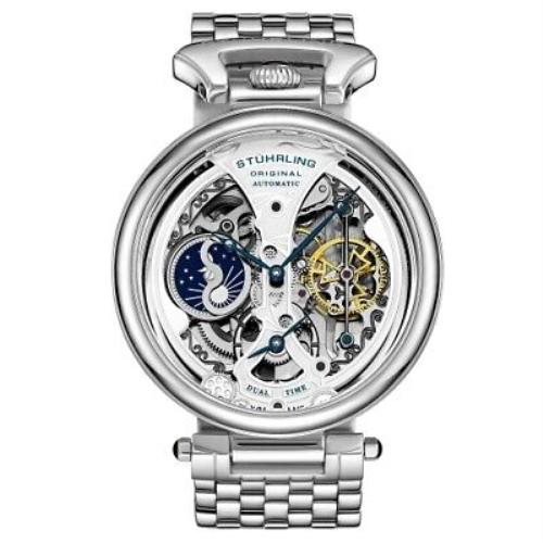 Stuhrling 4003 1 Legacy Automatic Dual Time Am/pm Skeleton Mens Watch - Silver Dial, Silver Band