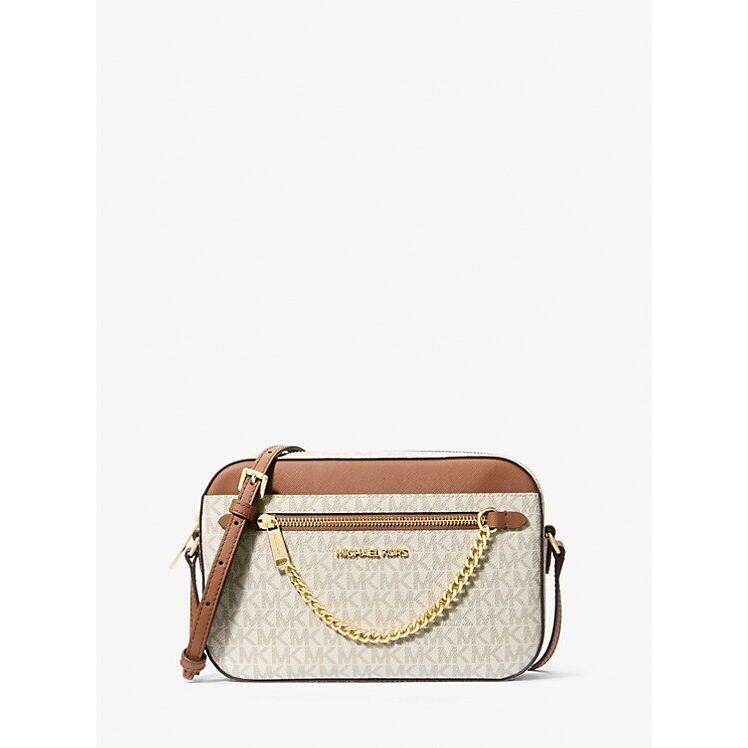 Michael Kors Jet Set Large Zip Chain Crossbody Bag Shoulder MK Vanilla Signature