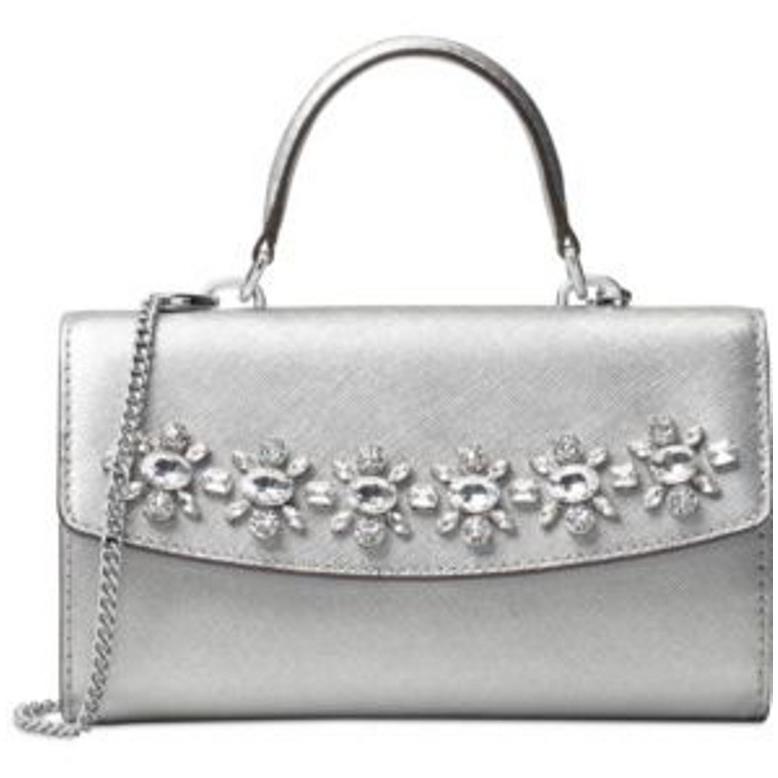 Michael Kors Ava Jeweled Large Phone Clutch Crossbody Silver