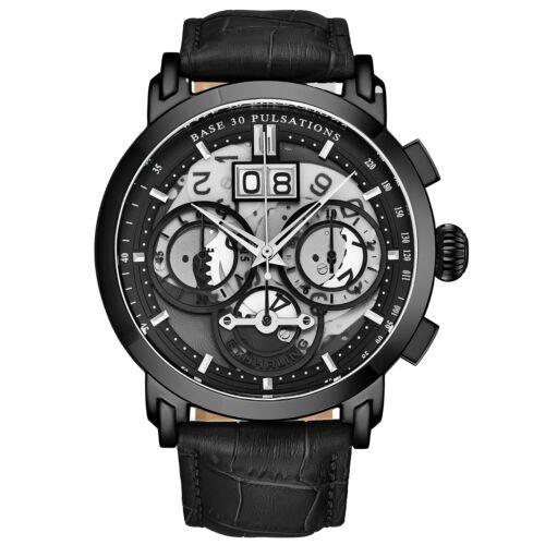 Stuhrling 392 03 Monaco Chronograph Date Black Leather Mens Watch - Black Dial, Black Band
