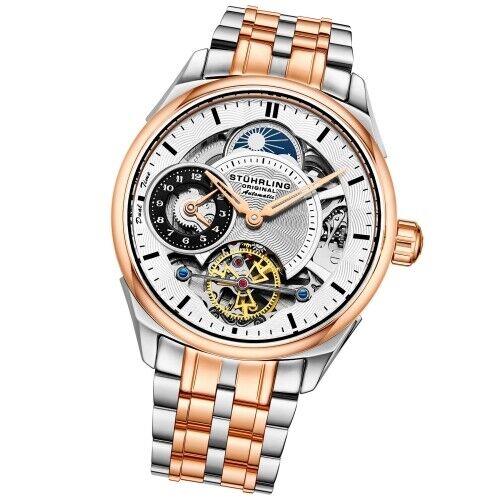 Stuhrling 943B 03 Dual Time AM PM Automatic Skeleton Stainless Steel Mens Watch