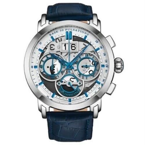 Stuhrling 392 01 Monaco Chronograph Date Blue Leather Mens Watch - Silver Dial, Blue Band
