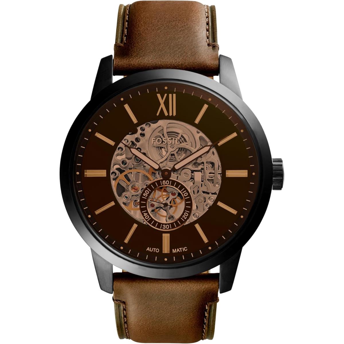 Fossil Townsman Men`s Automatic Watch with Mechanical Movement and Skeleton Dial Black, Brown