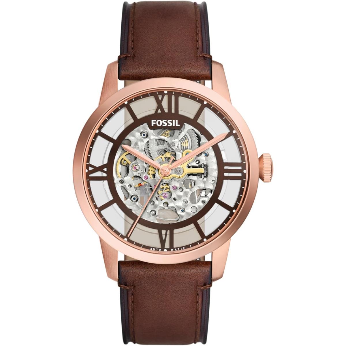 Fossil Townsman Men`s Automatic Watch with Mechanical Movement and Skeleton Dial Rose Gold/Chocolate