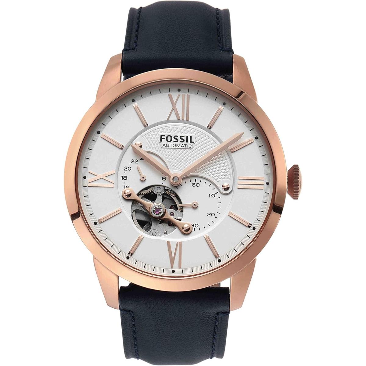 Fossil Townsman Men`s Automatic Watch with Mechanical Movement and Skeleton Dial Rose Gold, Navy