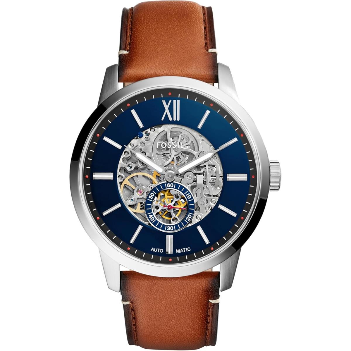 Fossil Townsman Men`s Automatic Watch with Mechanical Movement and Skeleton Dial Silver/Blue, Brown