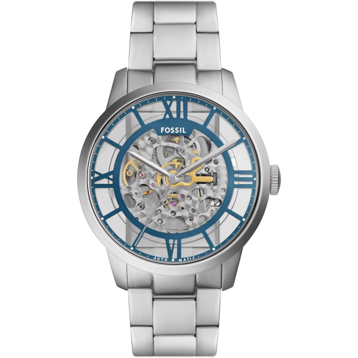 Fossil Townsman Men`s Automatic Watch with Mechanical Movement and Skeleton Dial Silver/Pacific Blue Indices