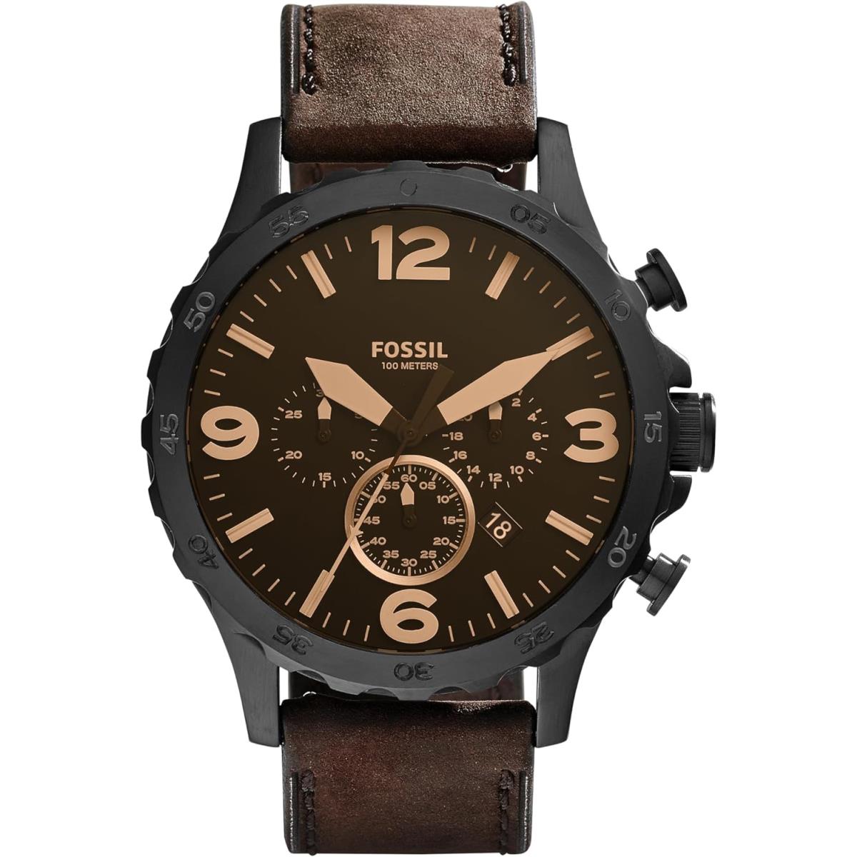 Fossil Nate Men`s Watch with Oversized Chronograph Watch Dial and Stainless Stee Black/Brown Leather