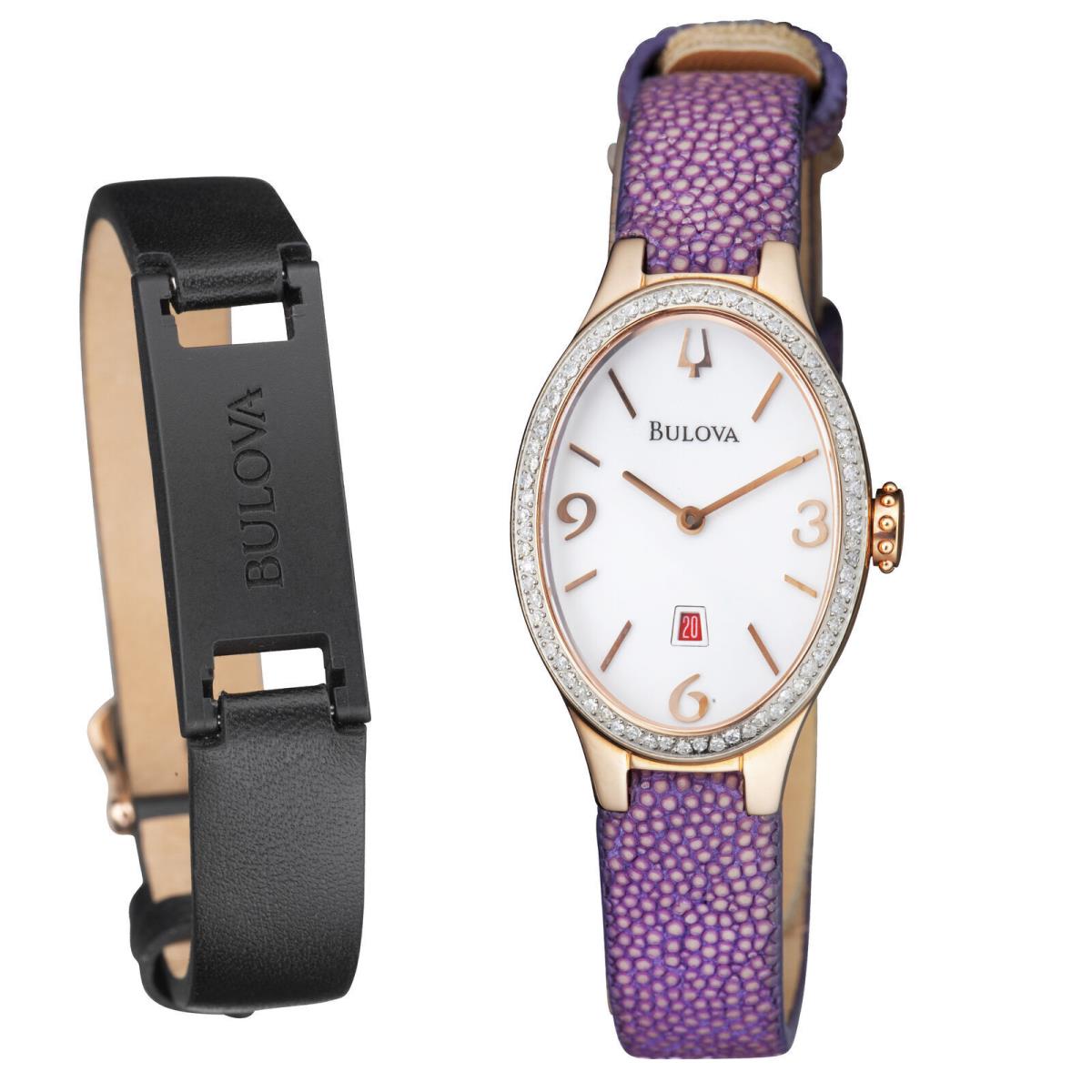 Bulova Women`s 25mm Rose Gold Diamond Bezel Purple Stingray Leather Watch 98R198