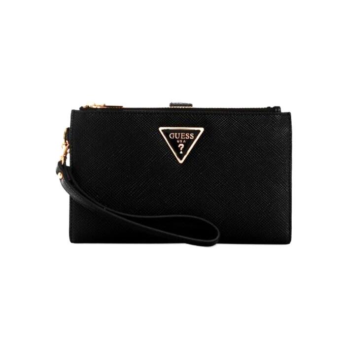 Guess Laurel Double Zip Top Organizer Leather Wristlet Wallet Black