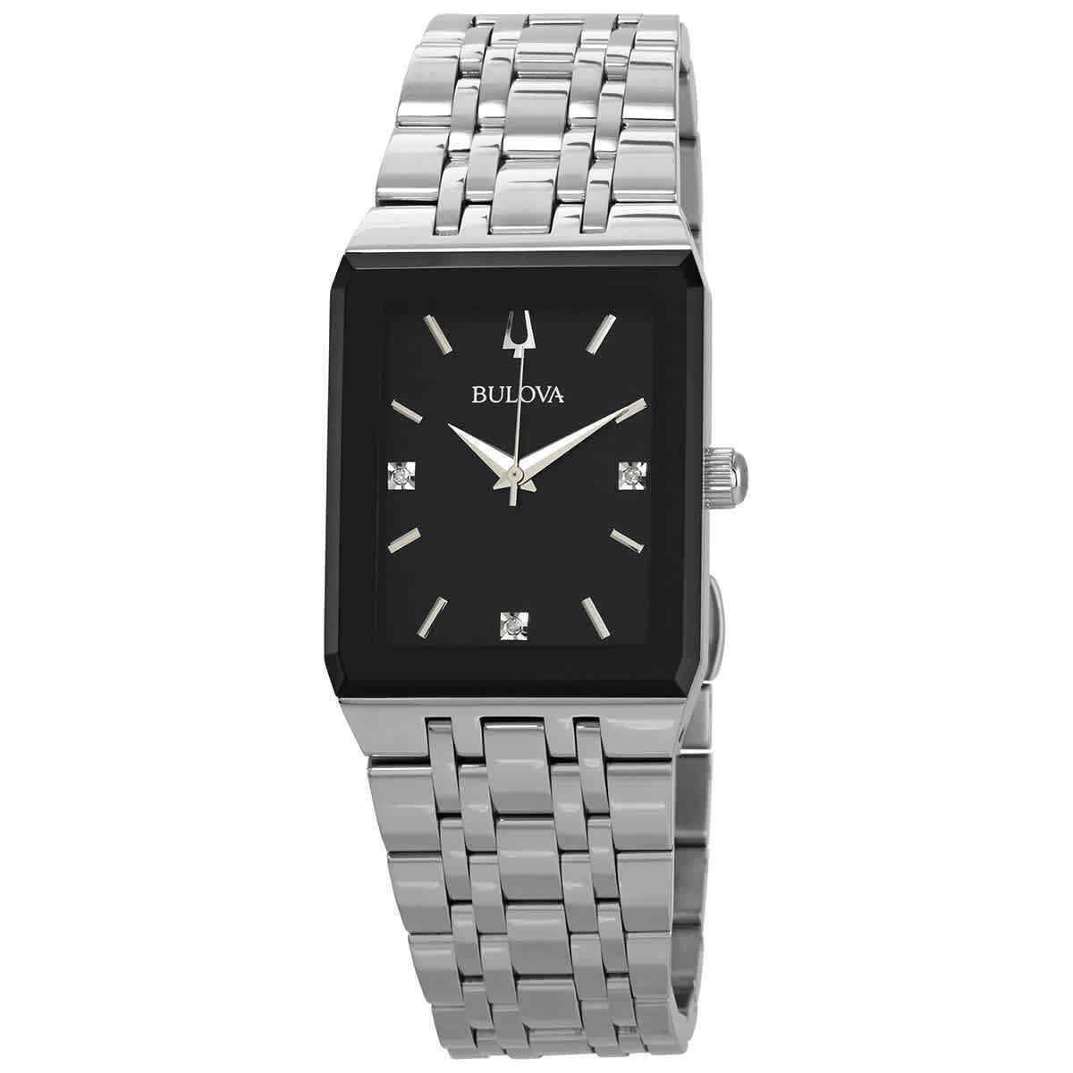 Bulova Quadra Quartz Diamond Black Dial Men`s Watch 96D145