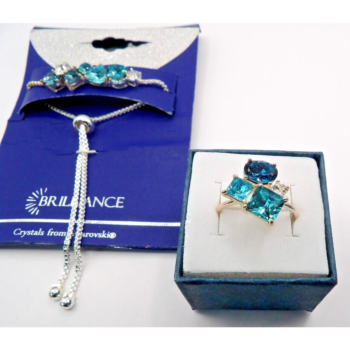 Brilliance Swarovski Crystal Silvertone Slide Bracelet Size 8 Ring Set
