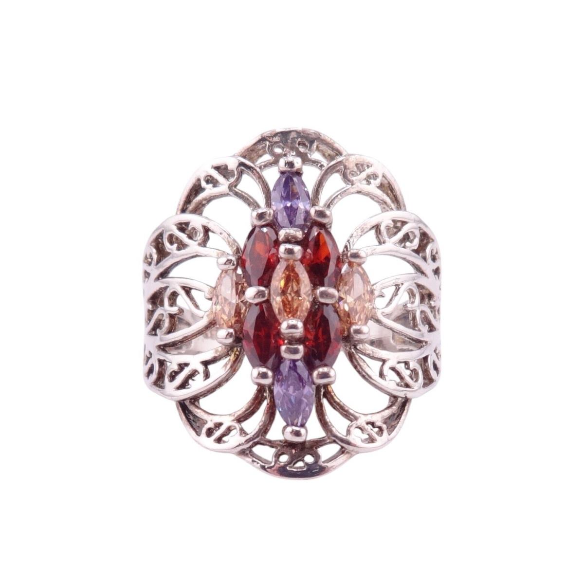 Multicolor Marquise Cut Swarovski Crystal Sterling Silver Filigree Ring Sz 8