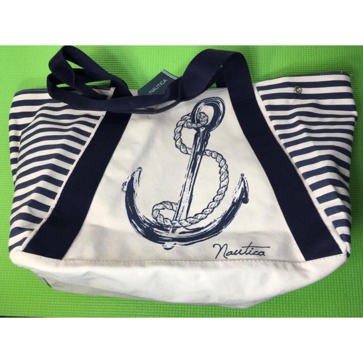 Nautica Large Canvas Beach Tote Shoulder Bag Cream Navy Blue