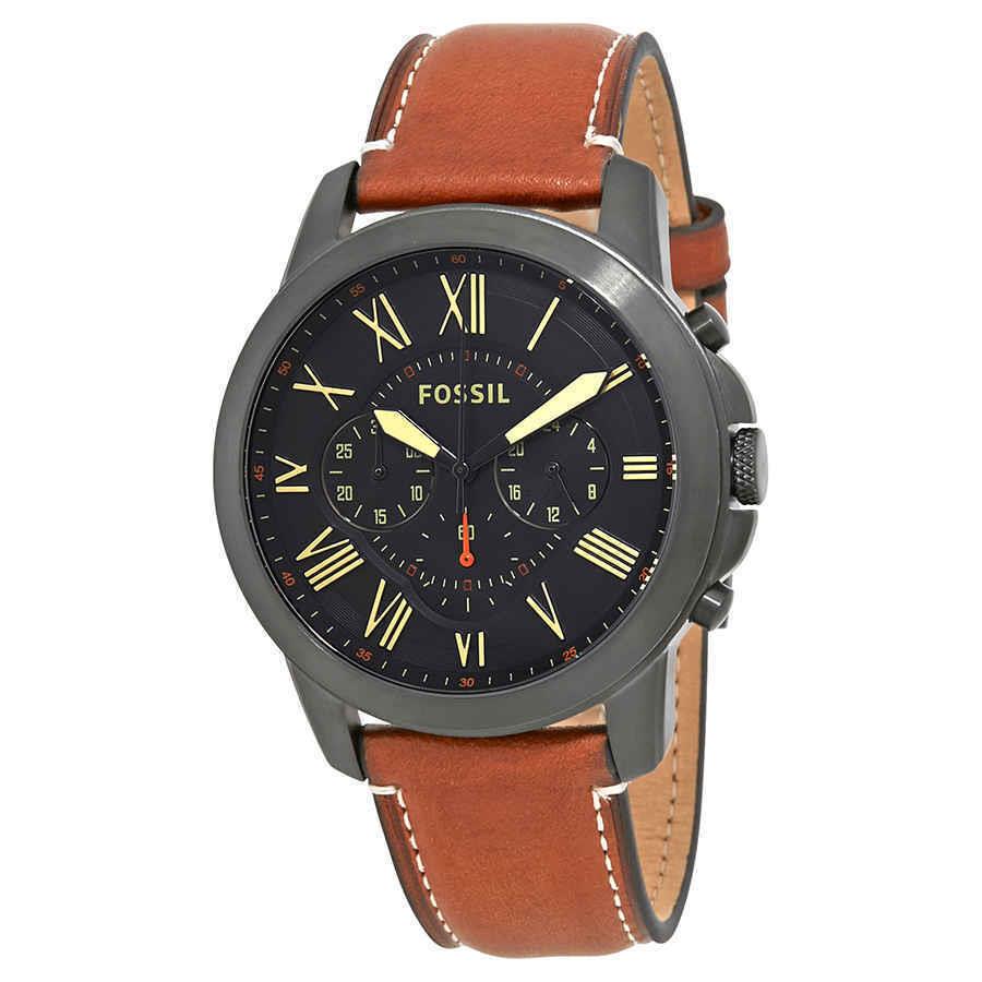 FS5241 Grant Chronograph Luggage Black Dial Leather Band Men`s Watch by Fossil