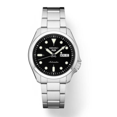 Seiko 5 Sports Black Sunray Dial with Silver Bracelet Men`s Watch SRPE55