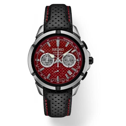 Seiko Coutura Quartz Chronograph Red Dial with Black Leather Men`s Watch SSB435