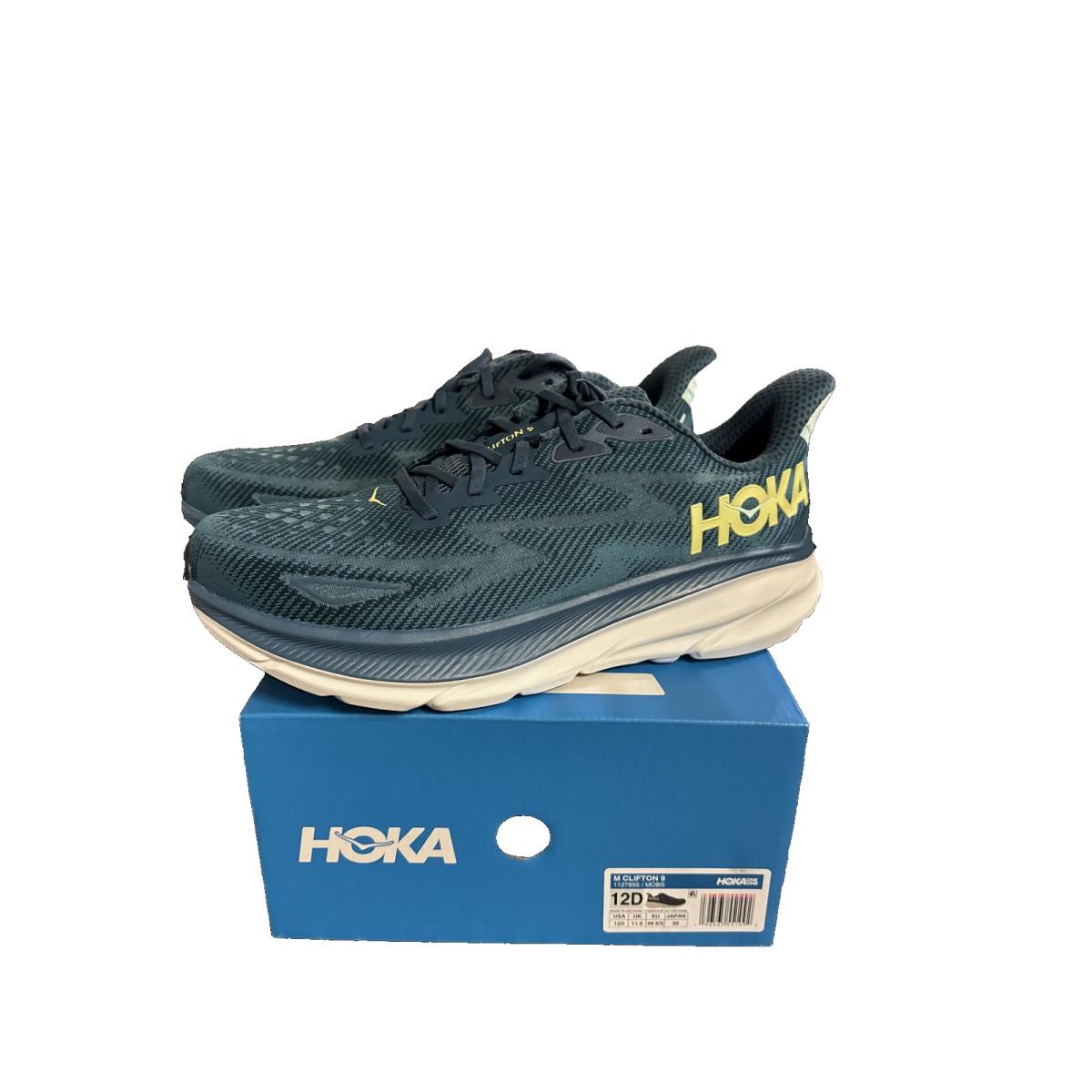 Hoka Clifton 9 Men`s Running Shoes - Deep Teal and Yellow Size 12