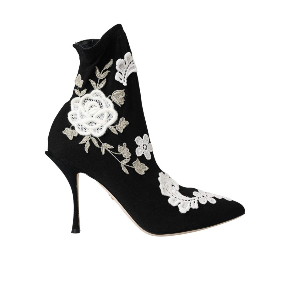 Dolce Gabbana Black White Embroidery Slip On Boots Shoes