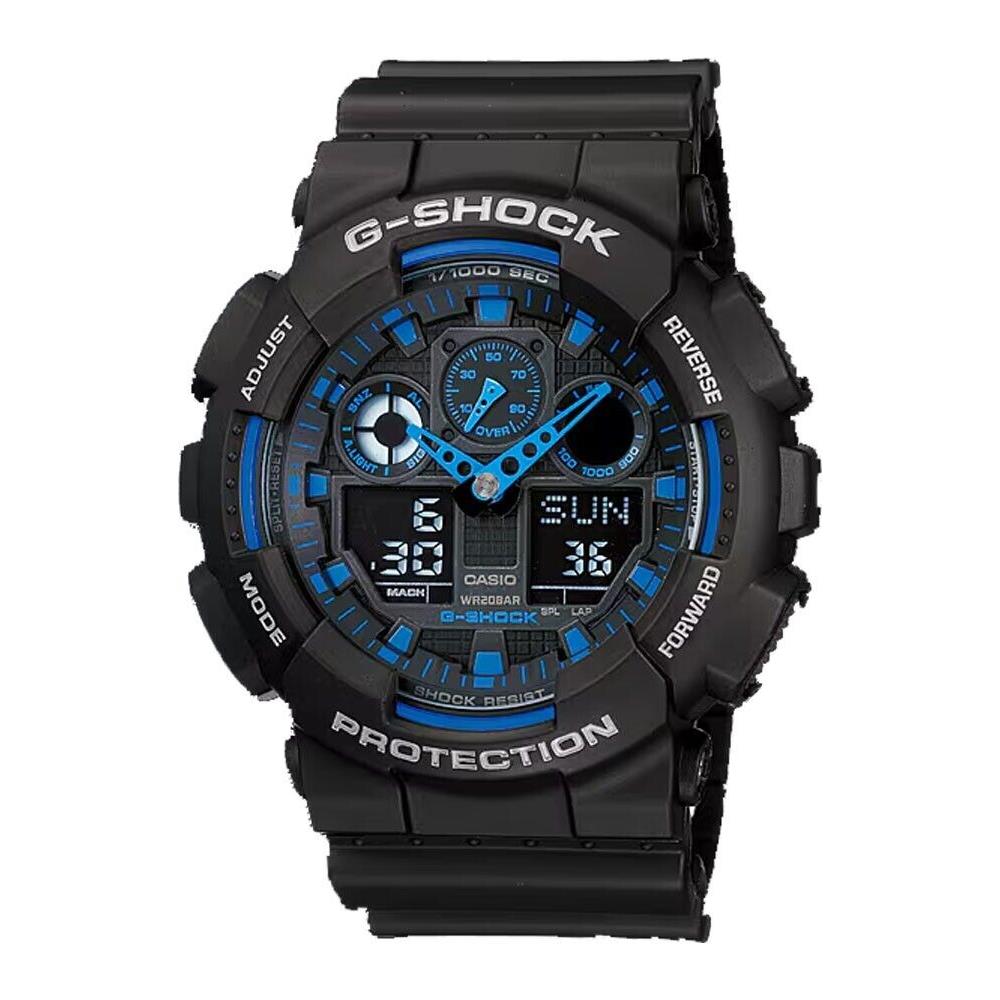 Casio GA100-1A2 Men`s Black Analog Digital Blue Dial G Shock Watch