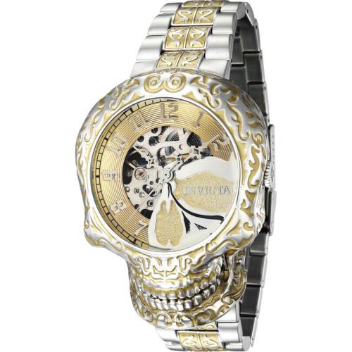 Invicta Artist Skull Automatic Gold Dial Steel Men`s Watch Movable Jaw