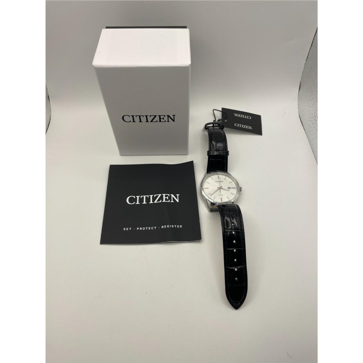 Citizen Mens Black White Analog Dial Leather Casual Classic Wristwatch