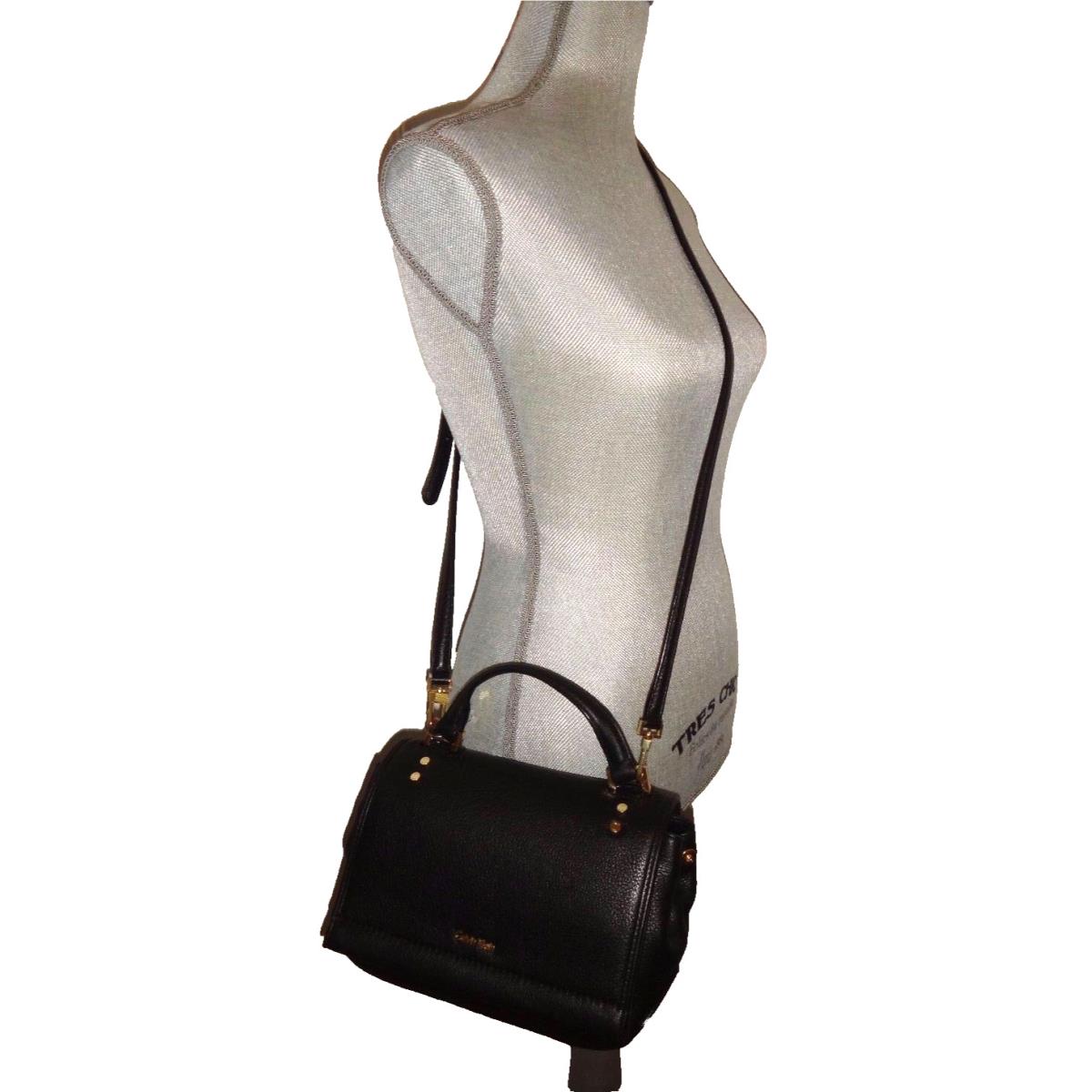 Calvin Klein Women`s Flap Handbag Satchel Purse Shoulder Bag Black Leather Gold