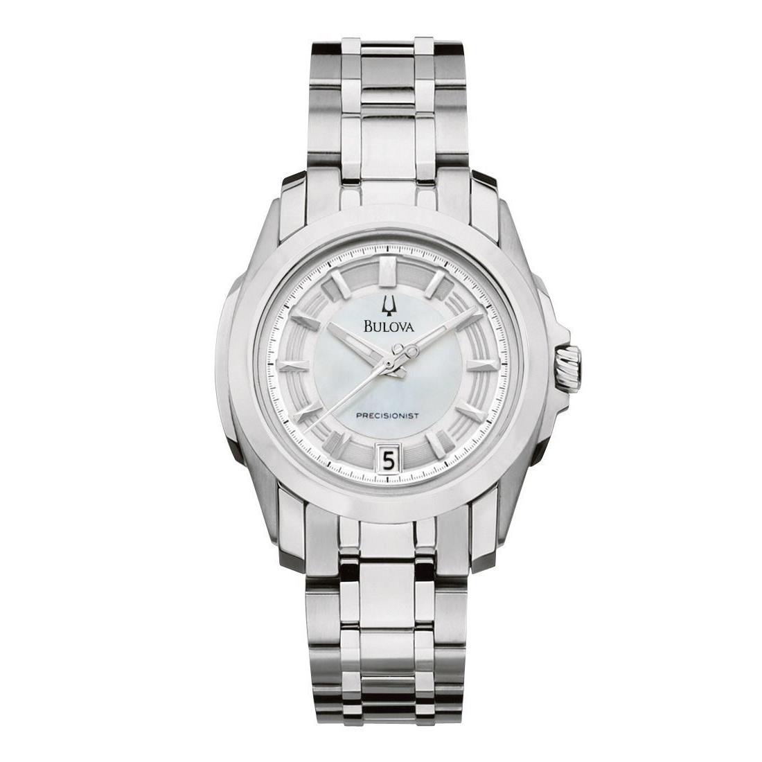 Bulova Precisionist 96M108 Women`s Round Mother of Pearl Analog Date Wacth - Mother of Pearl Dial, Silver Band