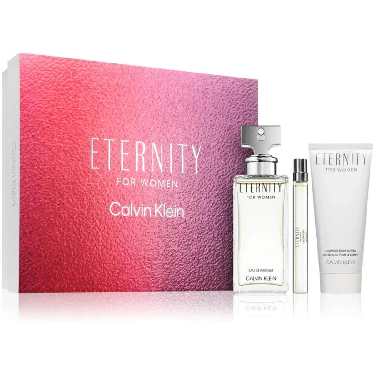 Calvin Klein Eternity Set 3.3oz Edp Spray + 3.3oz Body Lotion + .33oz Edp Mini