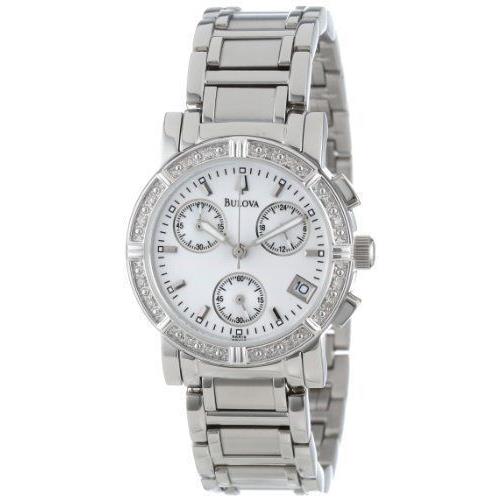 Bulova 96R19 Women`s Dress Chronograph Silver Dial Diamond Studded Bezel Watch