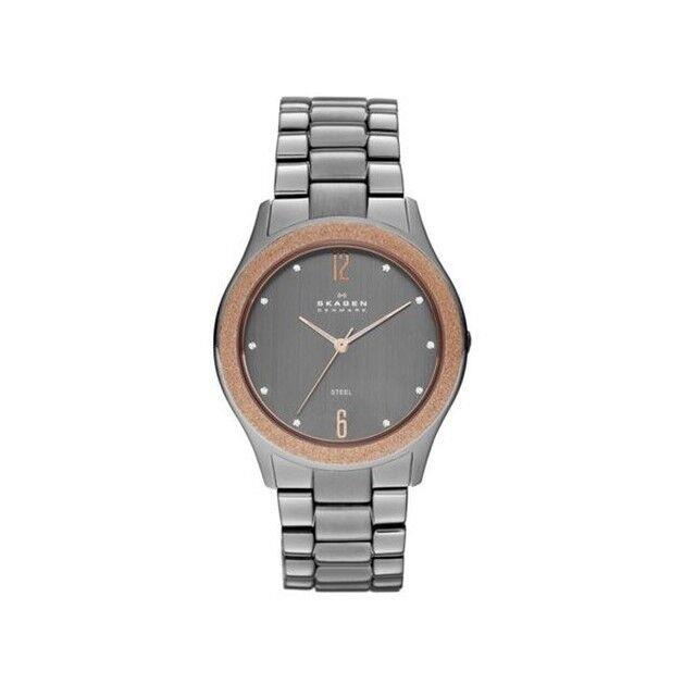 Skagen SKW2106 Charcoal Tone Stainless Steel Band Rose Gold Bezel Watch