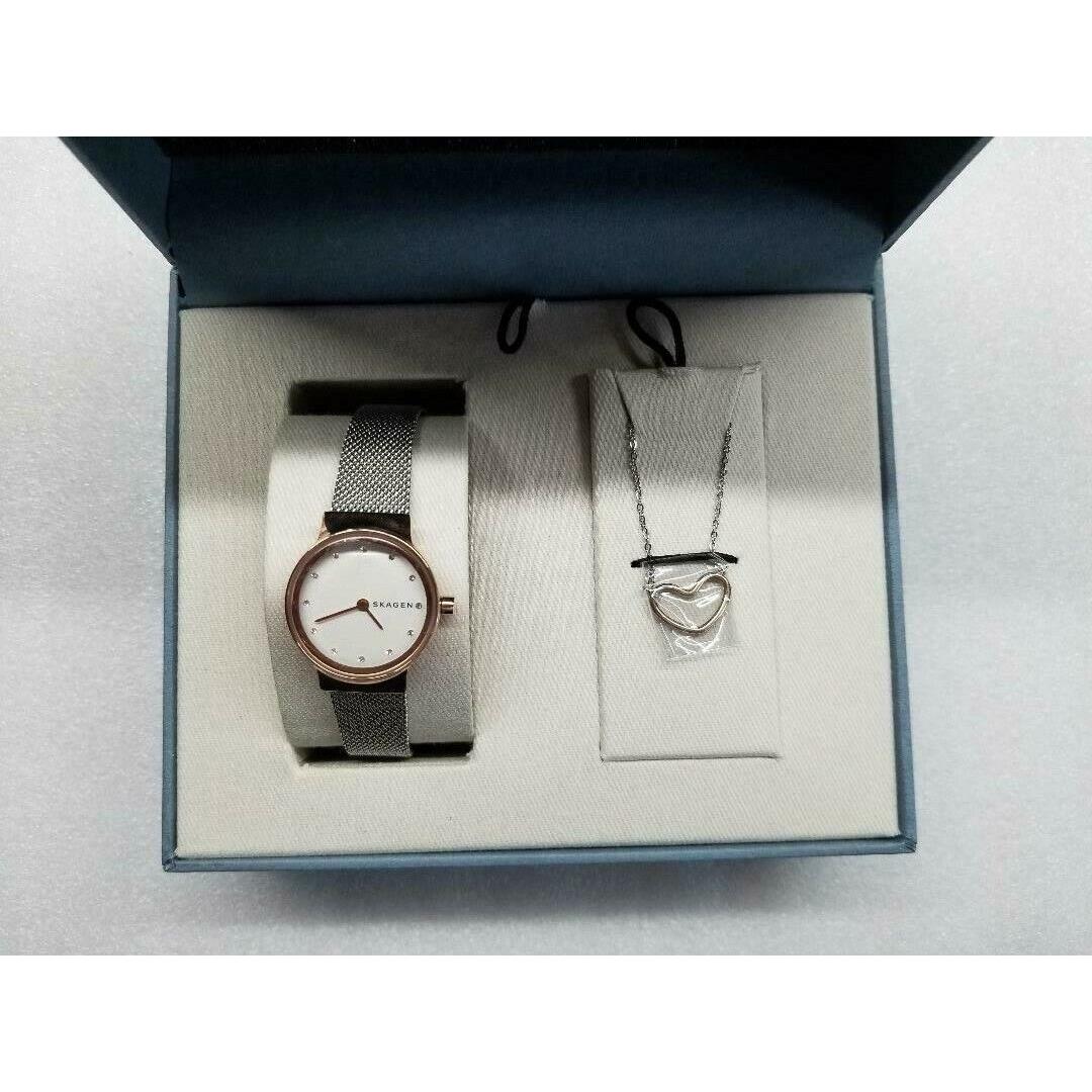 Skagen Box Set Freja White Dial Watch Necklace Pendant Women`s SKW1101