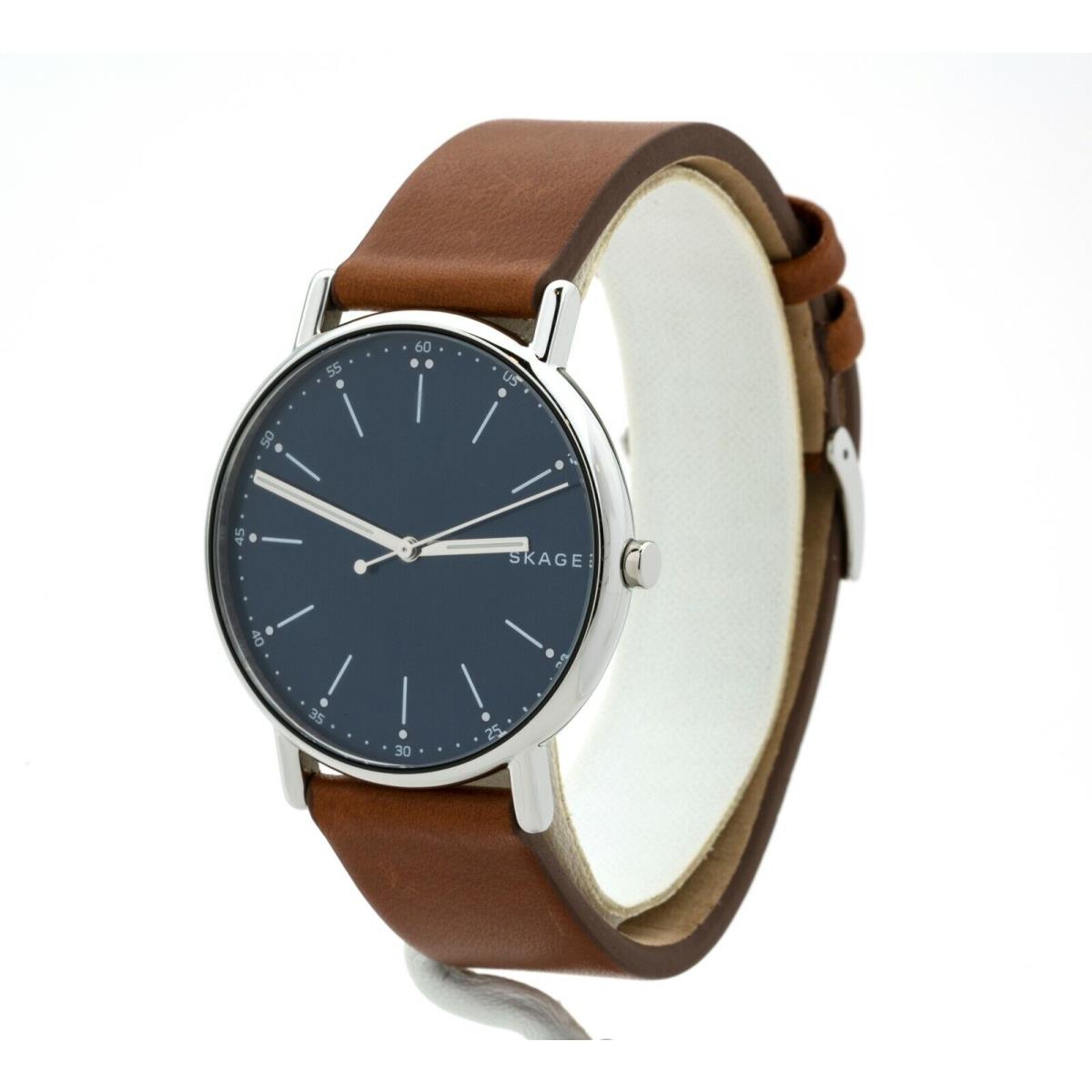 Men`s Skagen Signature Blue Dial Brown Leather Watch SKW6355 - Dial: Blue, Band: Brown