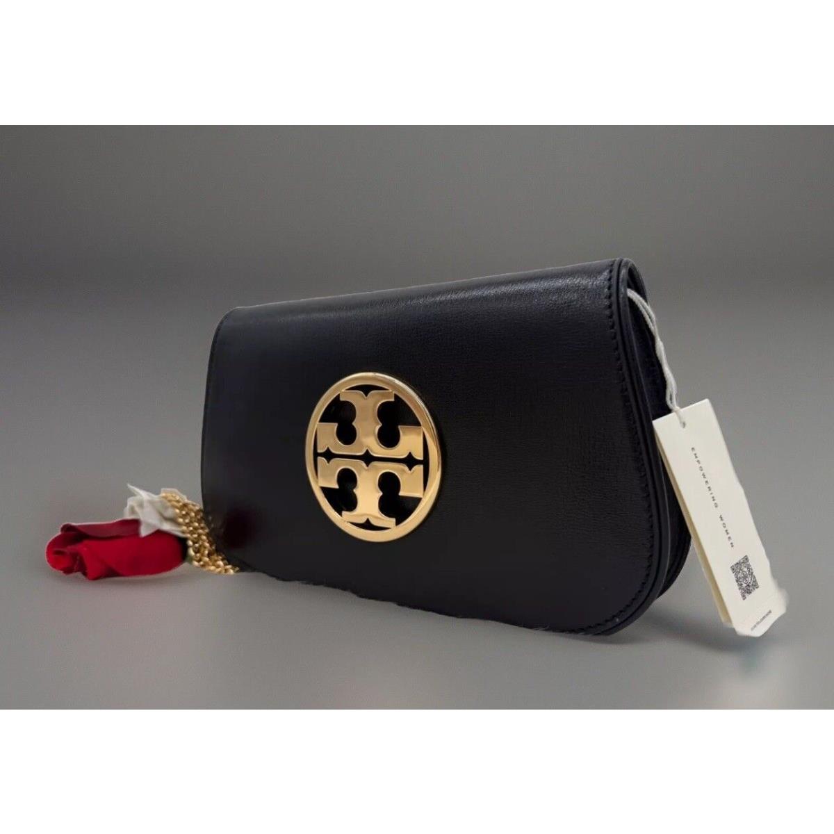 Tory Burch Reva Leather Clutch Convertible Shoulder Bag In Black